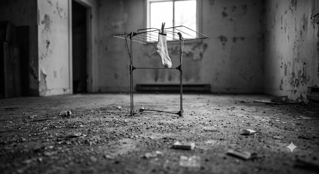 A worn sock hanging from a drying rack
