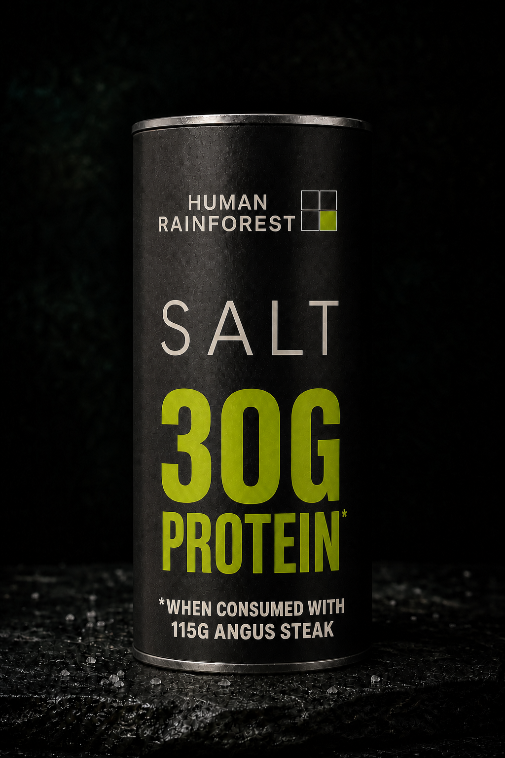 A fictional Human Rainforest salt canister claiming thirty grams of protein when consumed with Angus steak