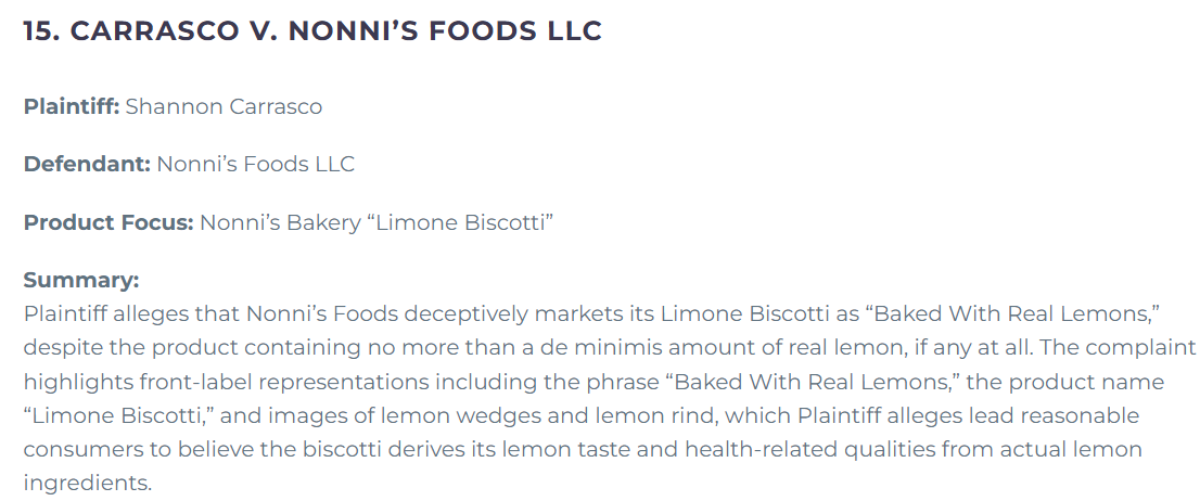 A summary of the Carrasco lawsuit against Nonni's Foods over Limone Biscotti
