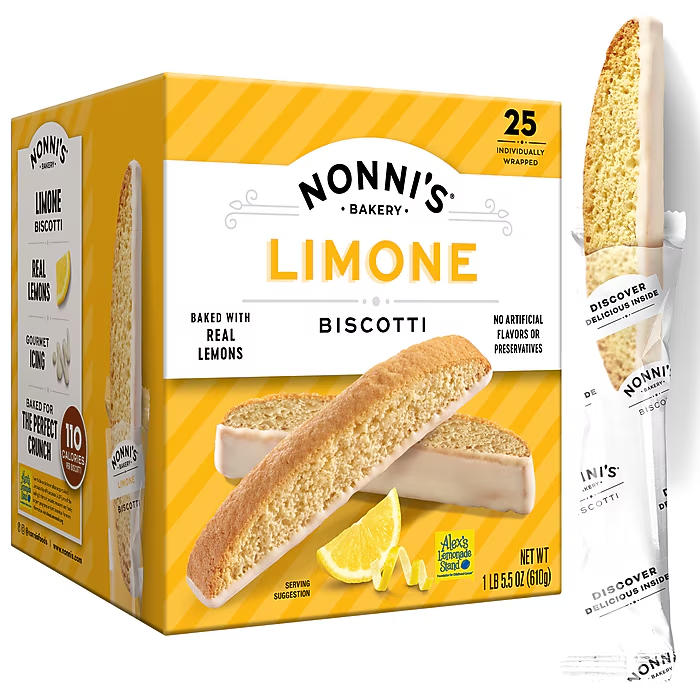 A box of Nonni's Limone Biscotti marked Baked With Real Lemons