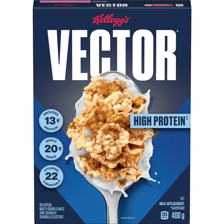 Vector cereal packaging advertising thirteen grams of protein