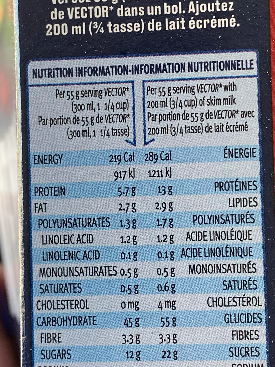 Vector cereal nutrition information showing skim milk added to the serving