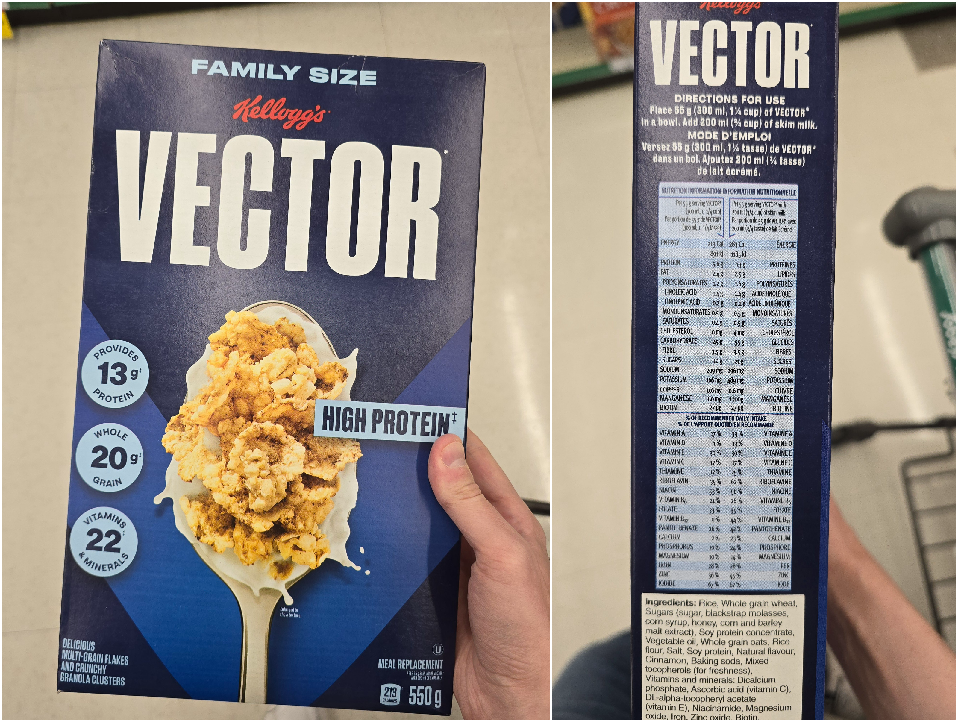A box of Vector cereal alongside its nutrition information